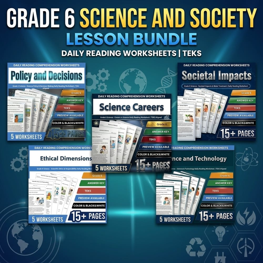 Grade 6 Science and Society Lesson Bundle Daily Reading Worksheets | TEKS — bundle cover