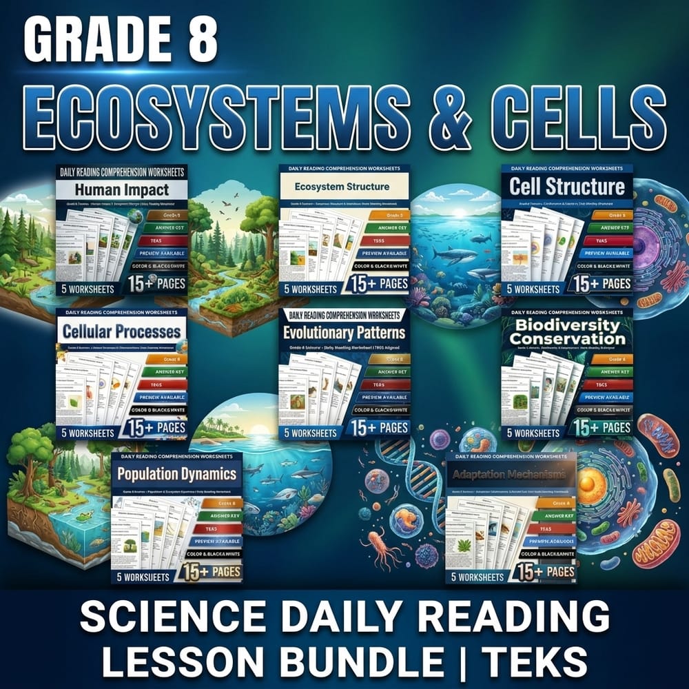 Grade 8 Ecosystems & Cells Science Daily Reading Lesson Bundle | TEKS — bundle cover