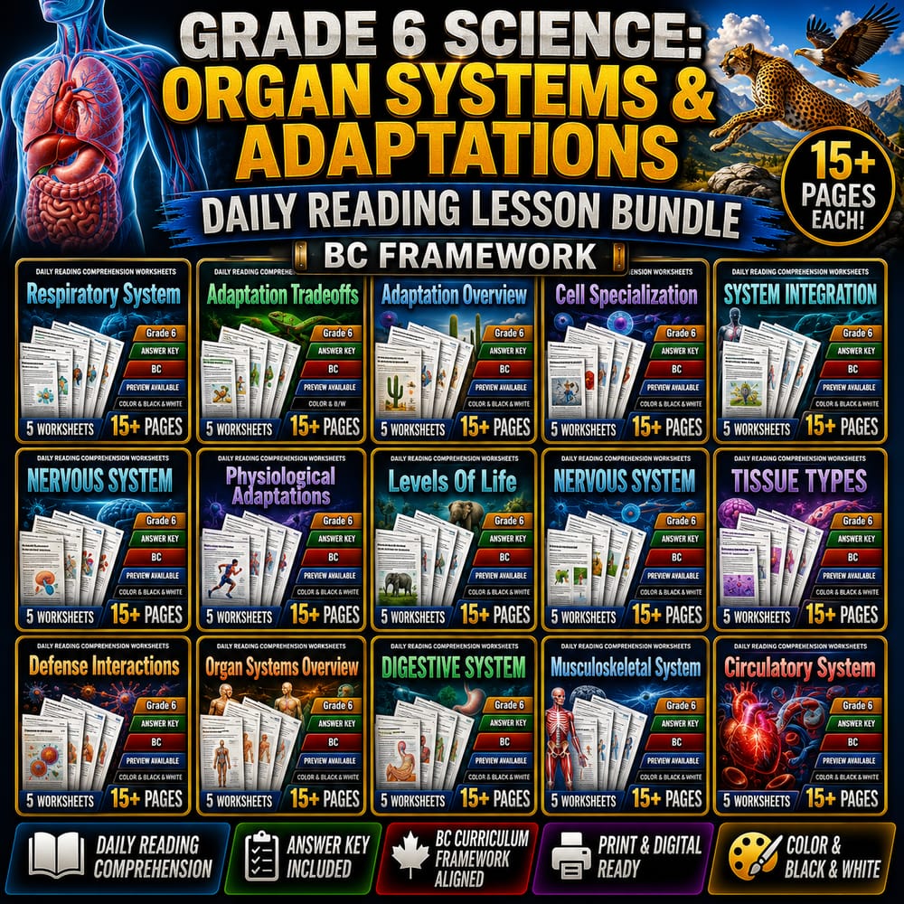 Grade 6 Science: Organ Systems & Adaptations Daily Reading Lesson Bundle | BC — bundle cover