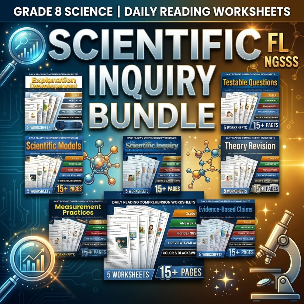 Scientific Inquiry Grade 8 Science Daily Reading Worksheets | Lesson | FL NGSSS — bundle cover