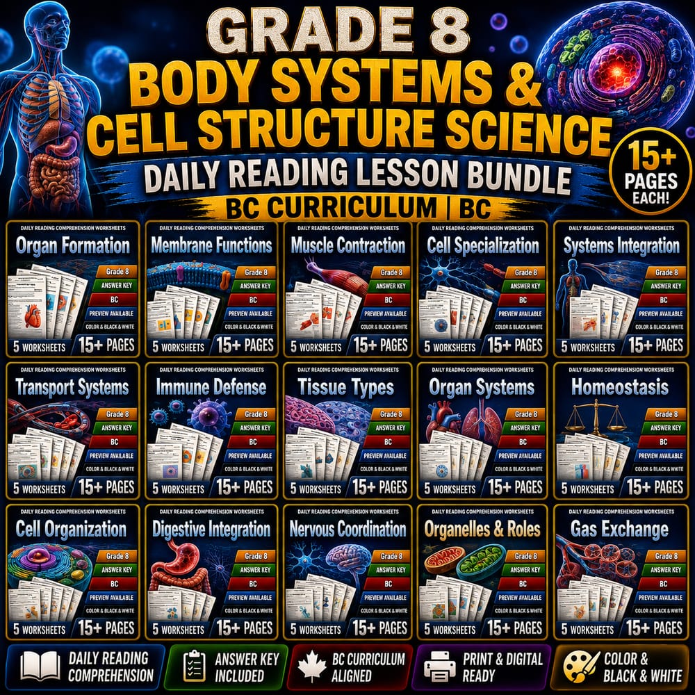 Grade 8 Body Systems & Cell Structure Science Daily Reading Lesson Bundle | BC — bundle cover