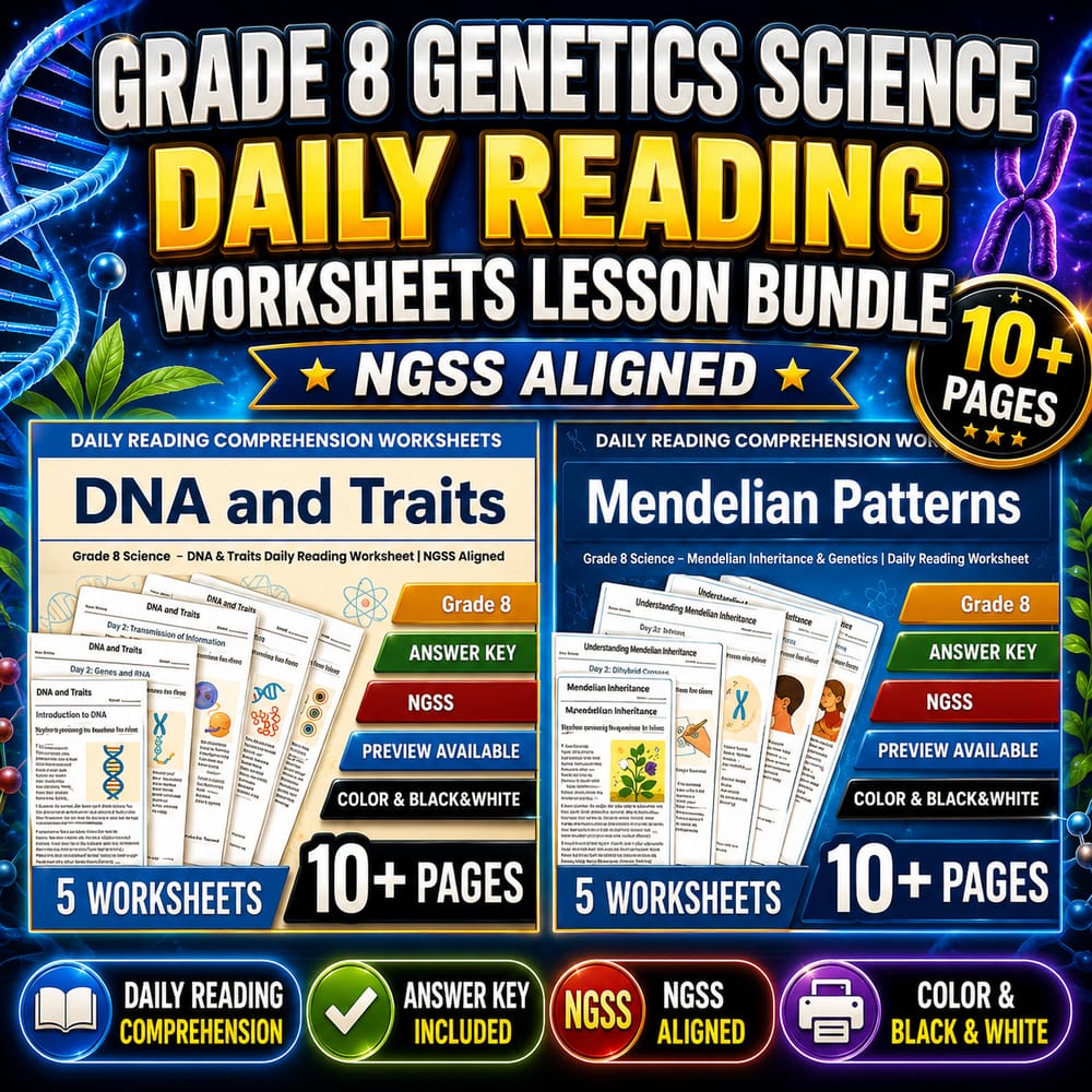Grade 8 Genetics Science Daily Reading Worksheets Lesson Bundle | NGSS — bundle cover