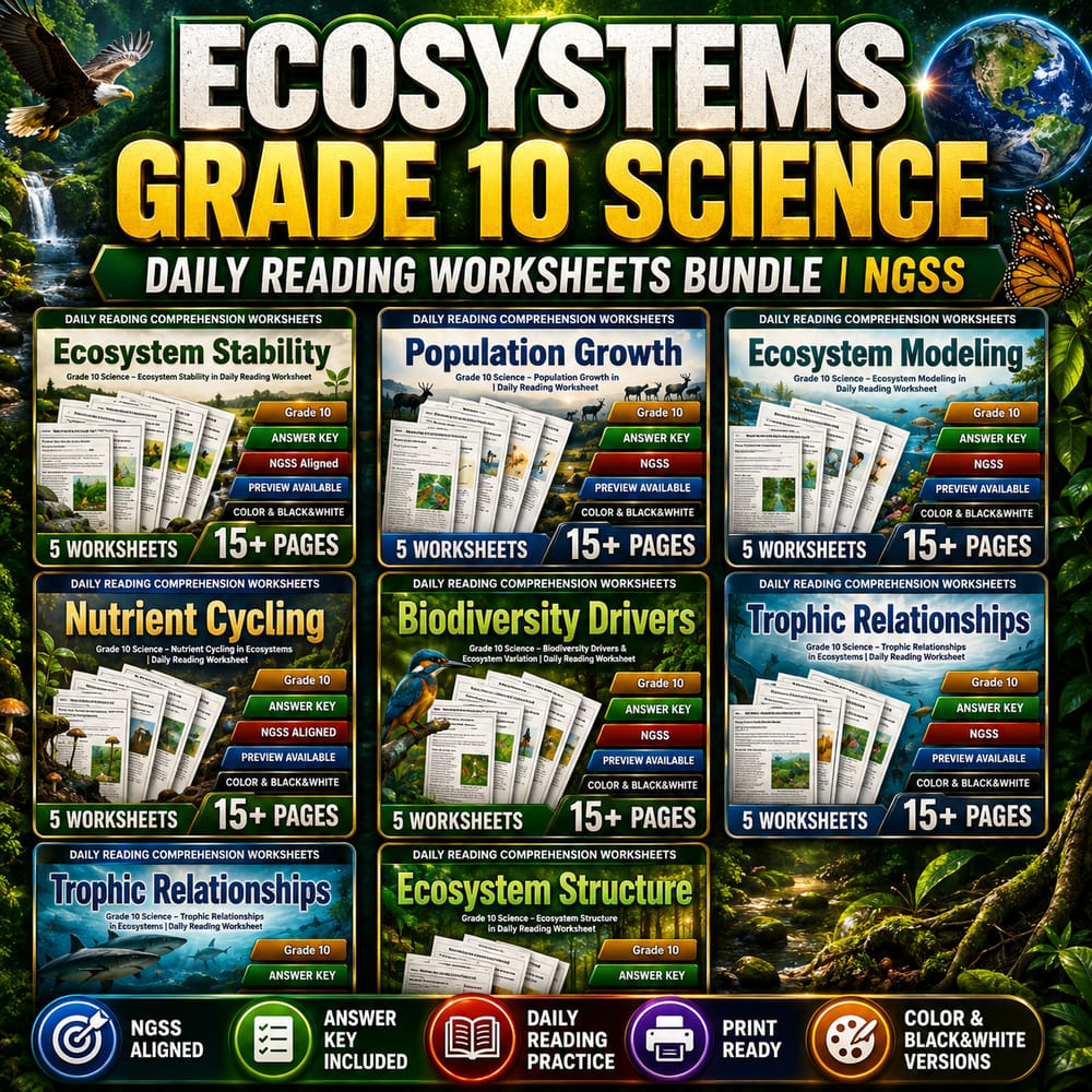 Ecosystems Grade 10 Science Daily Reading Worksheets Bundle | NGSS — bundle cover
