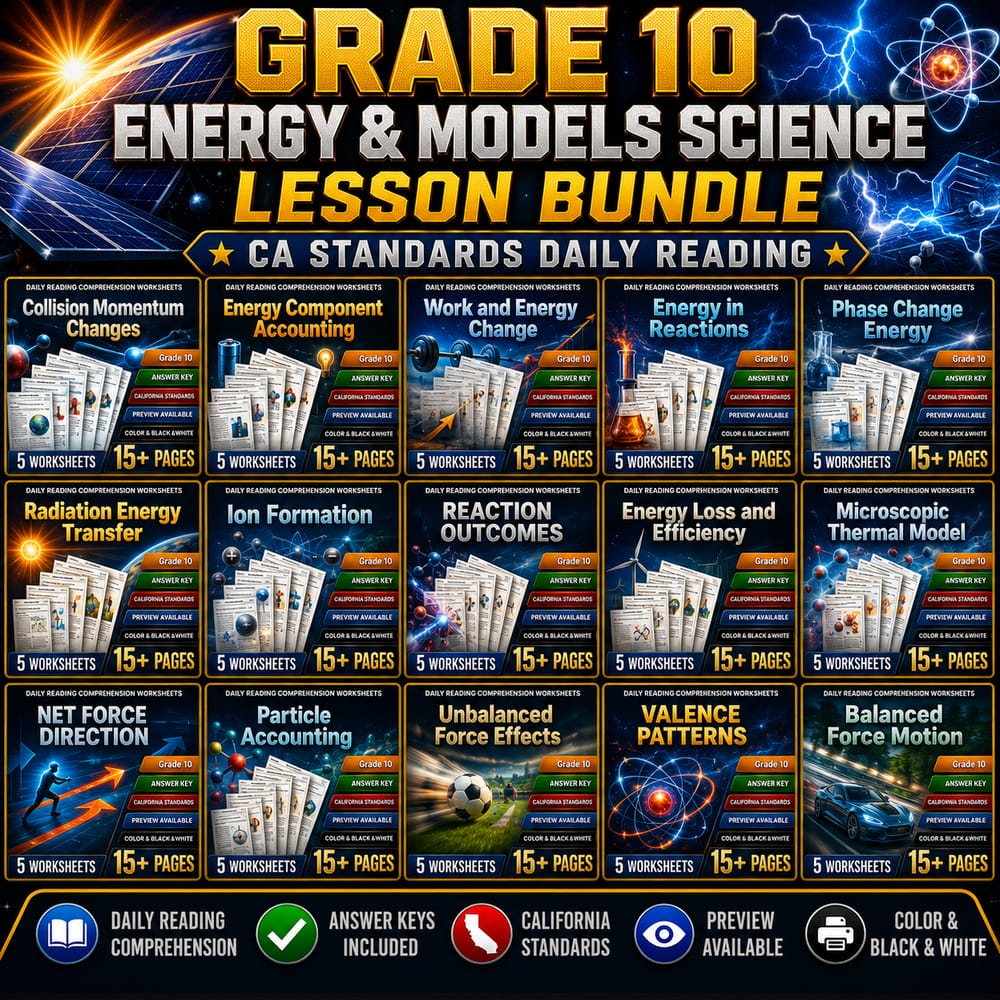 Grade 10 Energy & Models Science Lesson Bundle | CA Standards Daily Reading — bundle cover