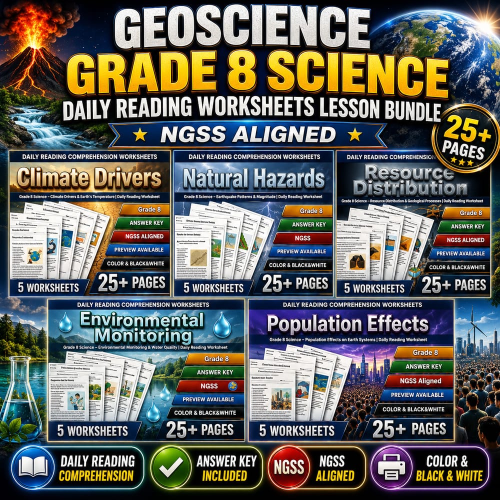Geoscience Grade 8 Science Daily Reading Worksheets Lesson Bundle | NGSS — bundle cover