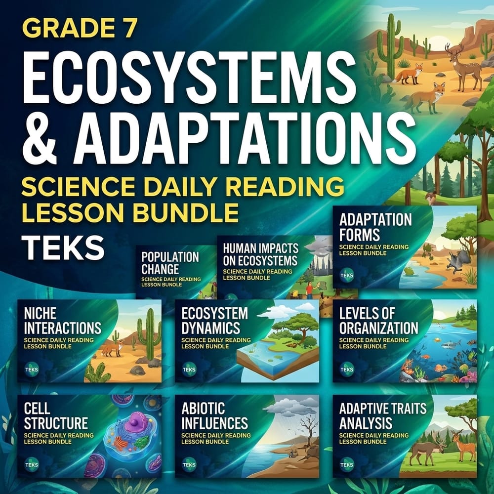 Grade 7 Ecosystems & Adaptations Science Daily Reading Lesson Bundle | TEKS — bundle cover