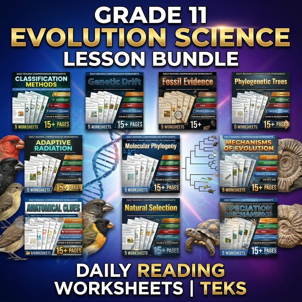 Grade 11 Evolution Science Lesson Bundle Daily Reading Worksheets | TEKS — bundle cover