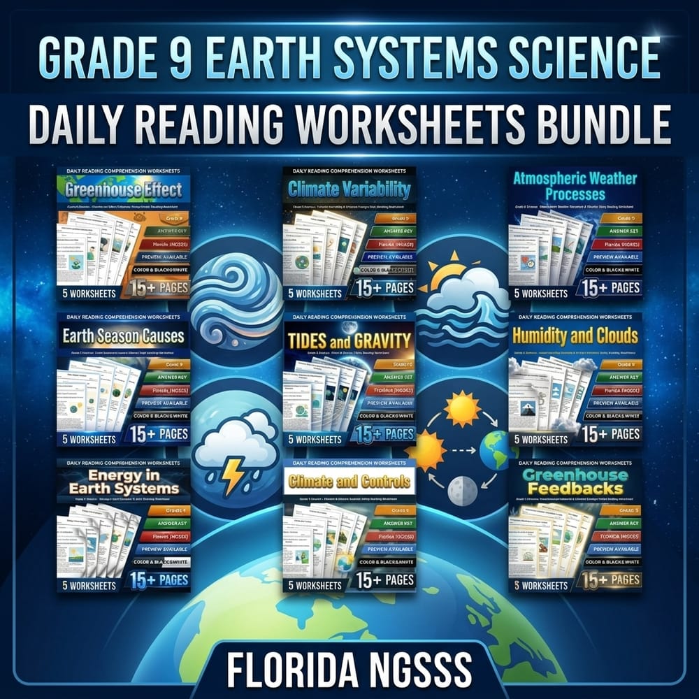 Earth Systems Grade 9 Science Daily Reading Worksheets Bundle | Florida NGSSS — bundle cover