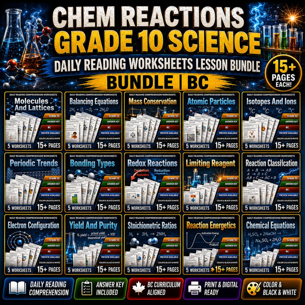 Chem Reactions Grade 10 Science Daily Reading Worksheets Lesson Bundle | BC — bundle cover