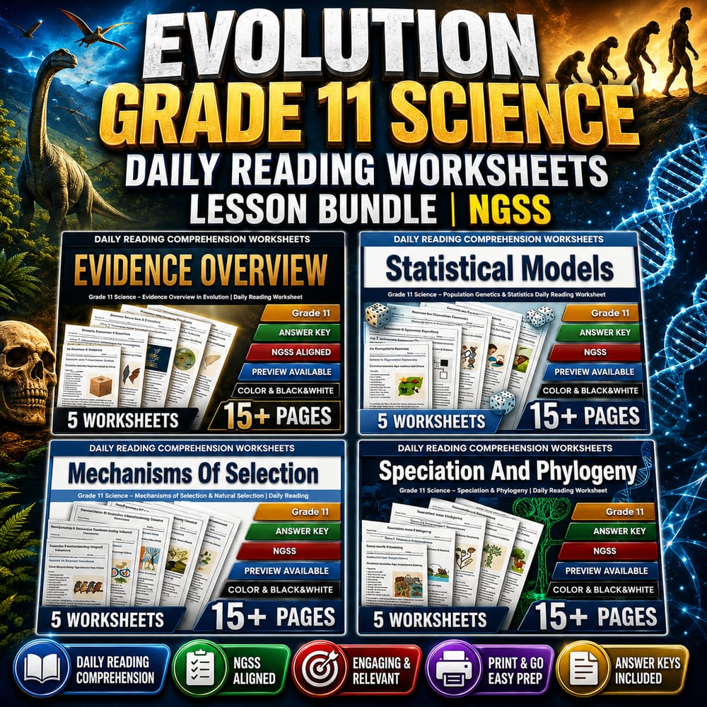 Evolution Grade 11 Science Daily Reading Worksheets Lesson Bundle | NGSS — bundle cover