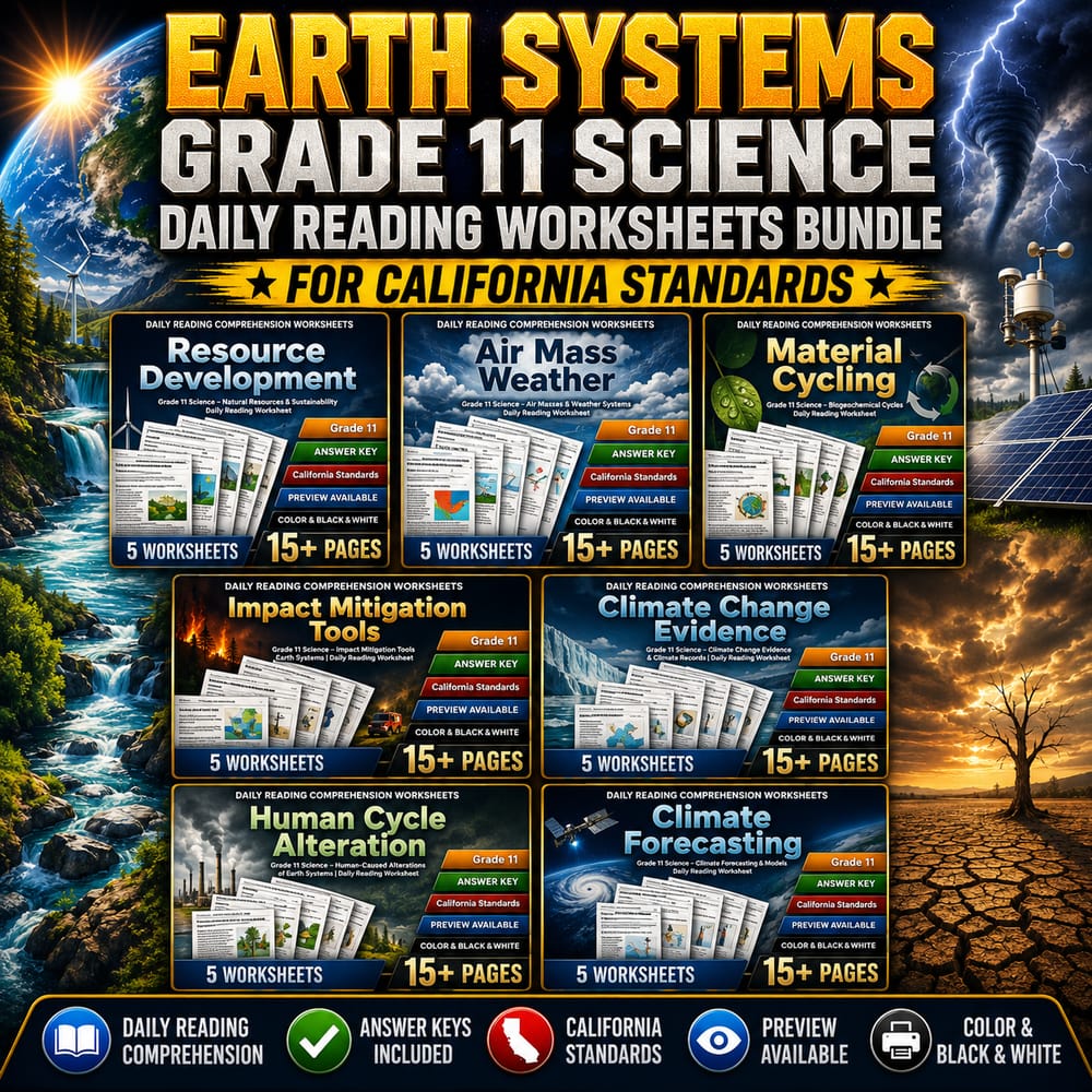 Earth Systems Grade 11 Science Daily Reading Worksheets Bundle | CA Standards — bundle cover