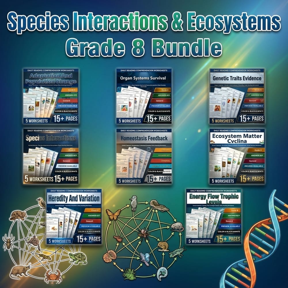 Species Interactions & Ecosystems Grade 8 Reading Lesson Bundle | General — bundle cover