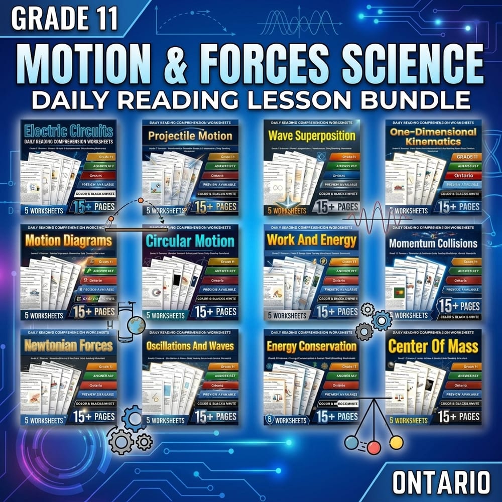 Grade 11 Motion & Forces Science Lesson Bundle for Daily Reading | Ontario — bundle cover