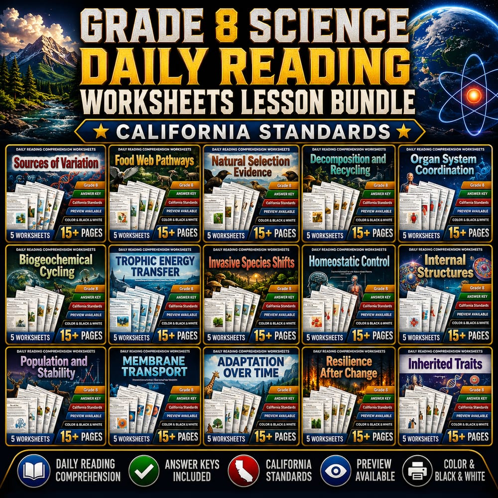 Grade 8 Science Daily Reading Worksheets Lesson Bundle | California Standards — bundle cover