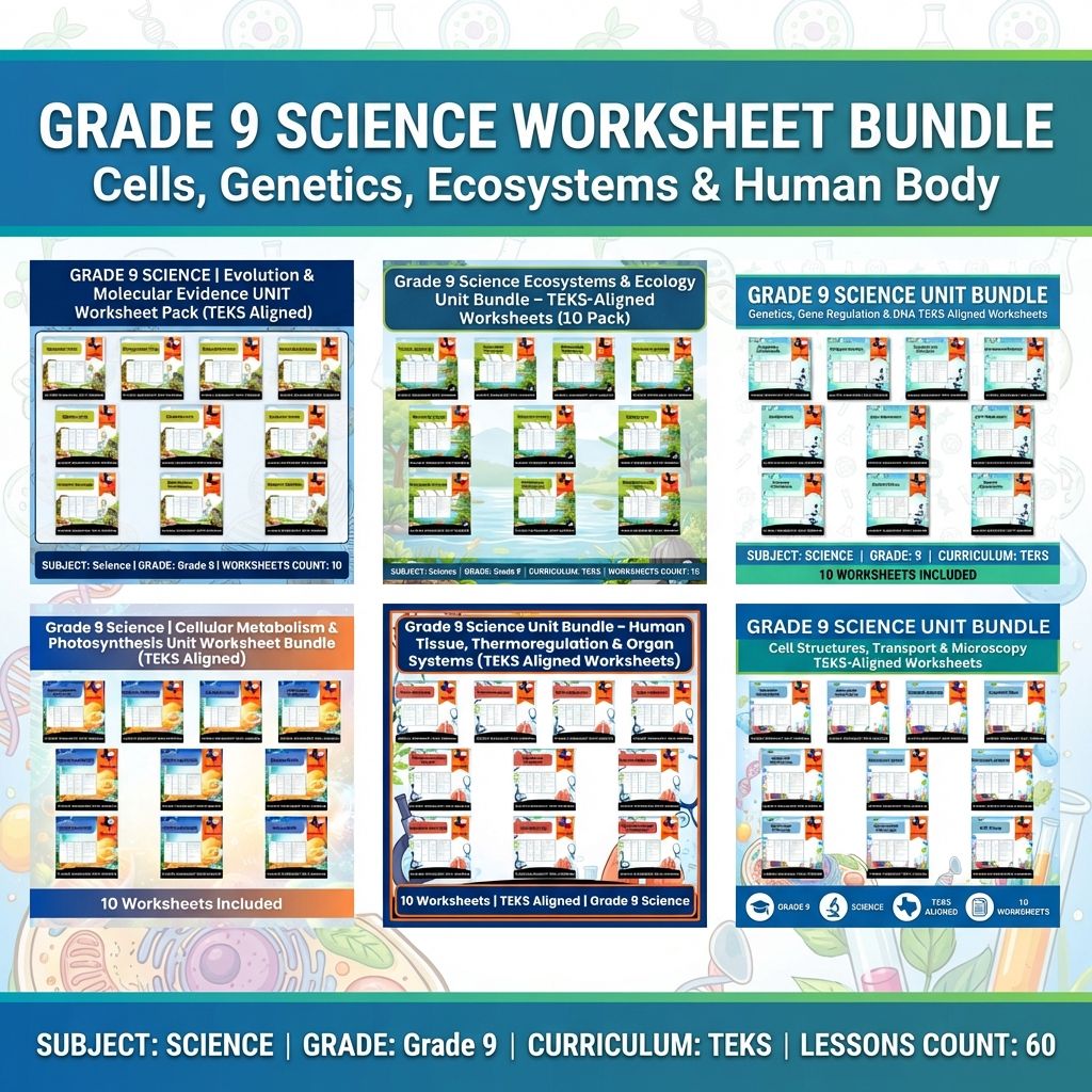 Grade 9 Science Worksheet Bundle | Cells, Genetics, Ecosystems & Human Body — bundle cover