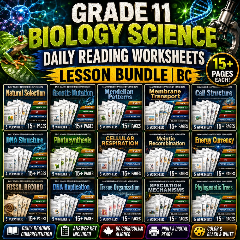 Grade 11 Biology Science Daily Reading Worksheets lesson bundle | BC — bundle cover