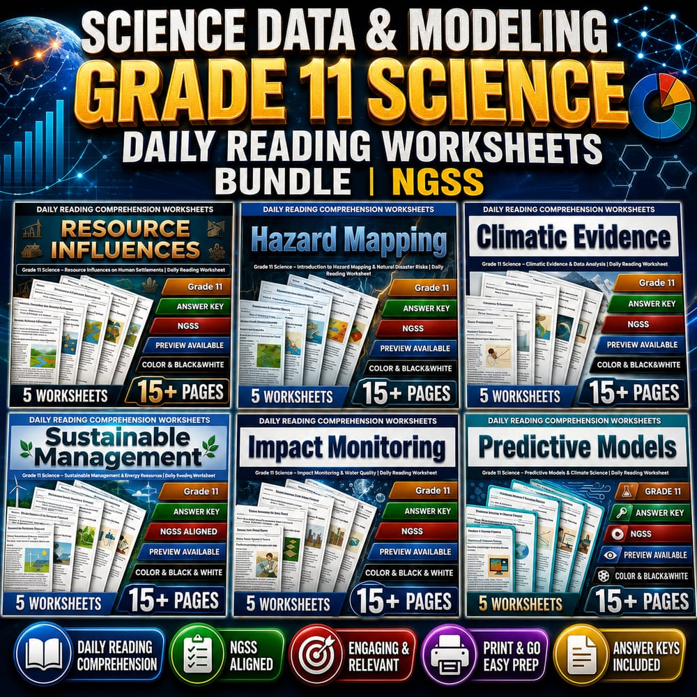 Science Data & Modeling Grade 11 Science Daily Reading Worksheets Bundle | NGSS — bundle cover