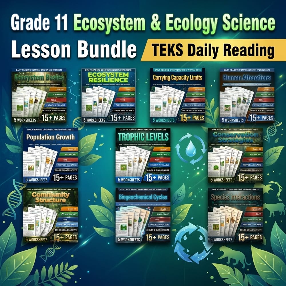 Grade 11 Ecosystem & Ecology Science Lesson Bundle | TEKS Daily Reading — bundle cover