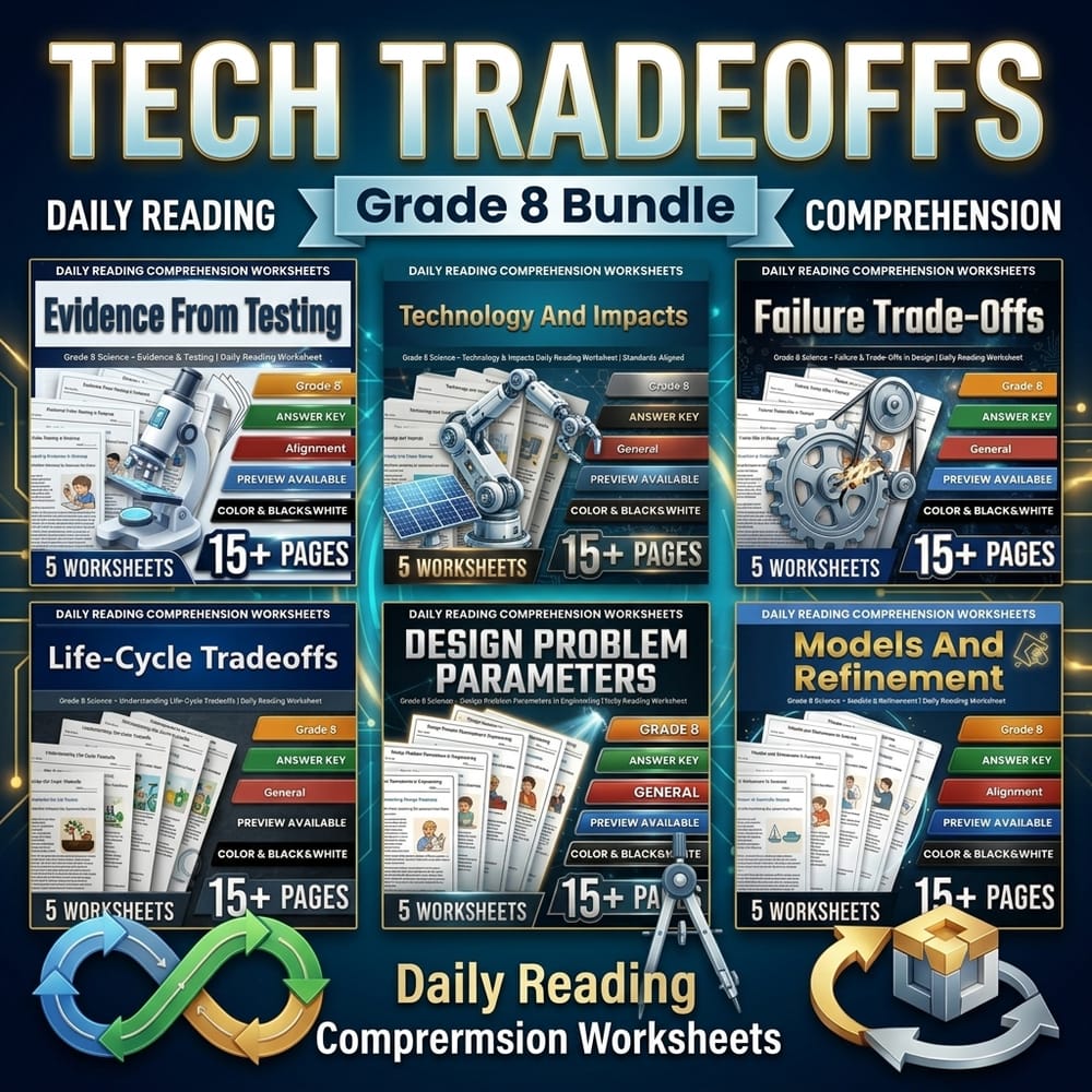 Tech Tradeoffs Grade 8 Science Daily Reading Worksheets Lesson Bundle | General — bundle cover