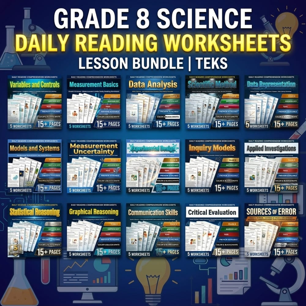 Experiments Grade 8 Science Daily Reading Worksheets Lesson Bundle | TEKS — bundle cover