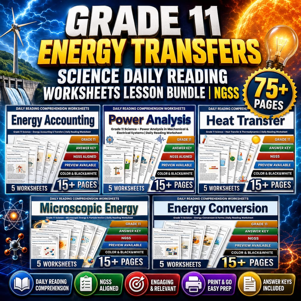 Grade 11 Energy Transfers Science Daily Reading Worksheets Lesson Bundle | NGSS — bundle cover