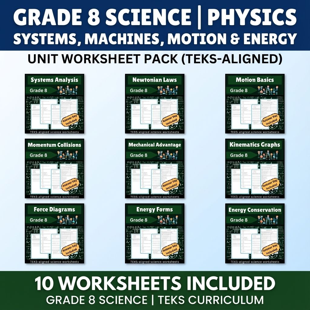 Grade 8 Science Unit | Motion, Forces & Energy Worksheets Bundle (TEKS Aligned) — bundle cover