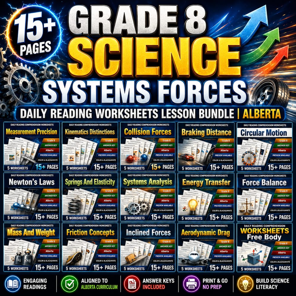 Grade 8 Science Systems Forces Daily Reading Worksheets Lesson Bundle | Alberta — bundle cover