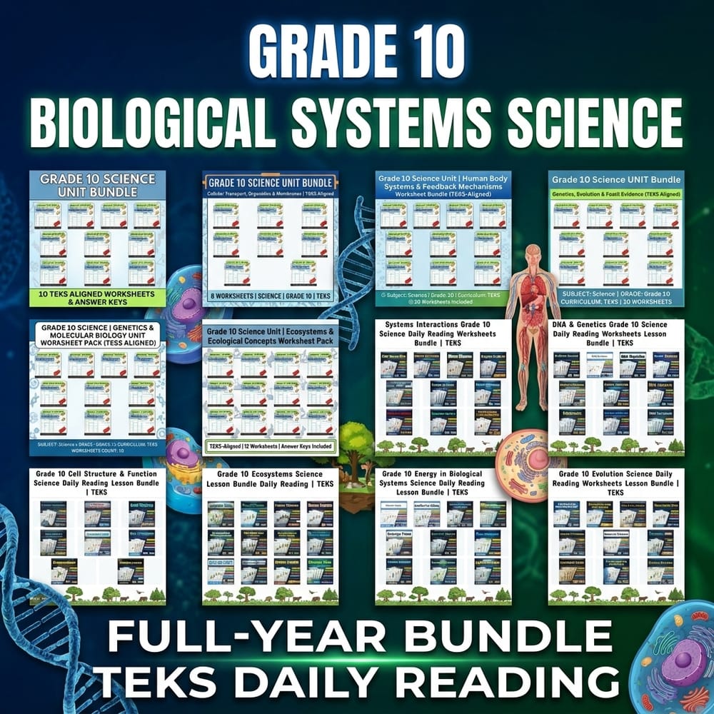 Grade 10 Biological Systems Science full-year bundle TEKS Daily Reading — bundle cover
