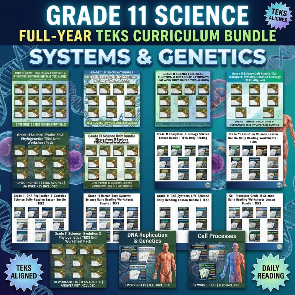Grade 11 Science Reading Full-Year TEKS Curriculum Bundle: Systems & Genetics — bundle cover