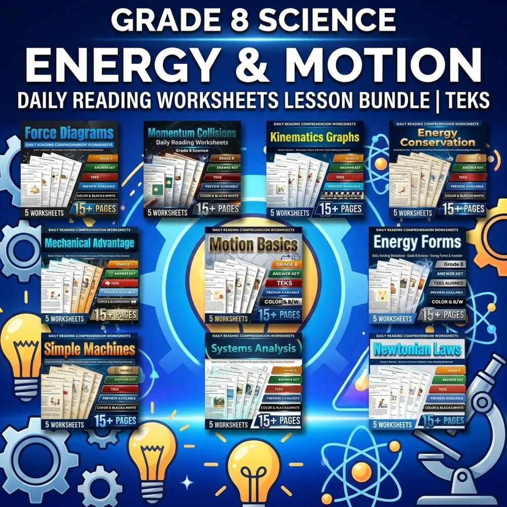 Grade 8 Energy & Motion Science Daily Reading Worksheets Lesson Bundle | TEKS — bundle cover