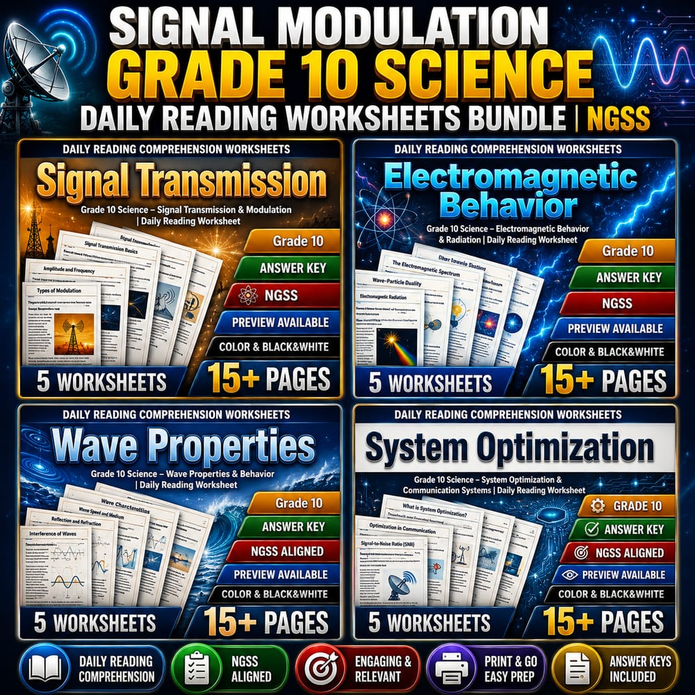 Signal Modulation Grade 10 Science Daily Reading Worksheets Bundle | NGSS — bundle cover