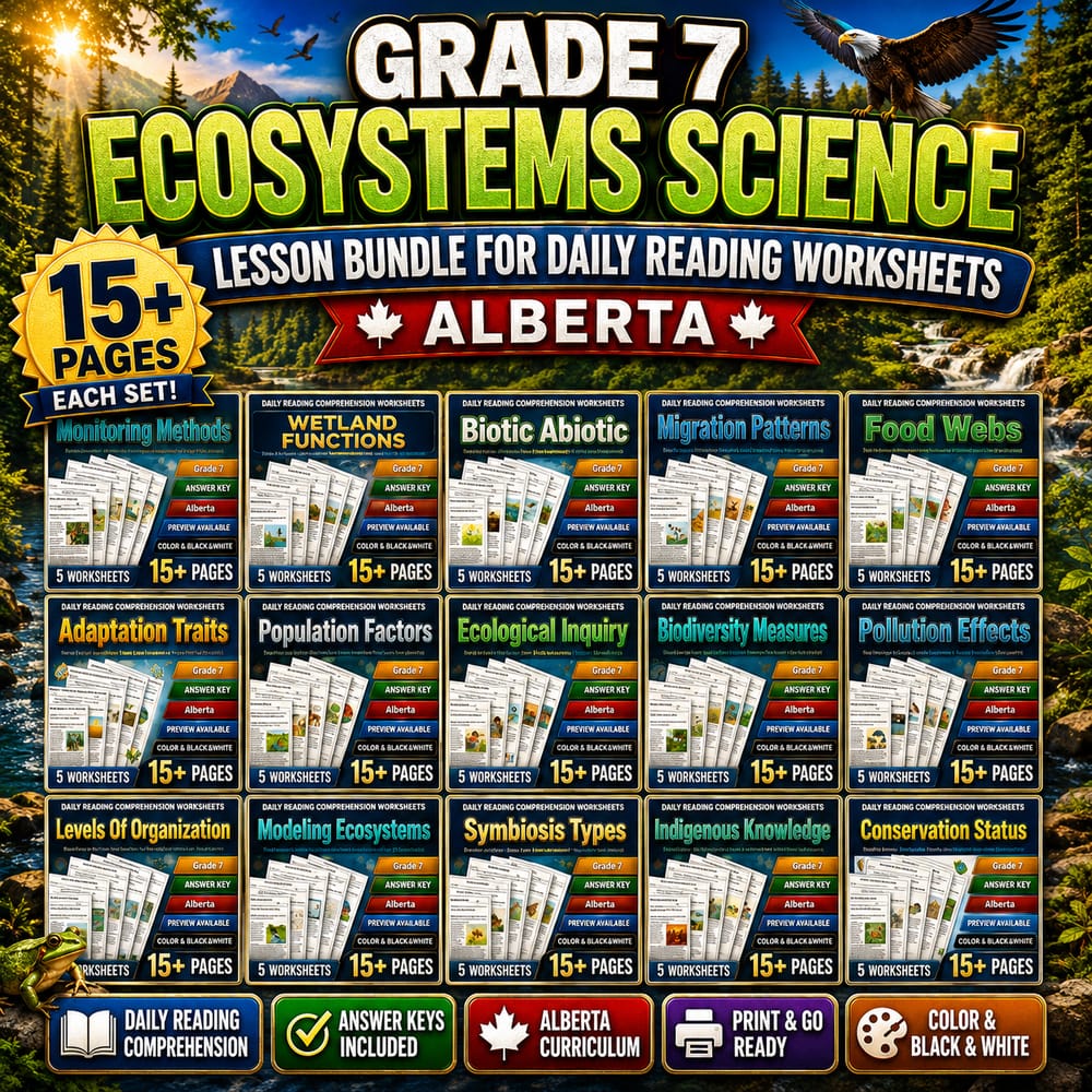Grade 7 Ecosystems Science Lesson Bundle for Daily Reading Worksheets | Alberta — bundle cover