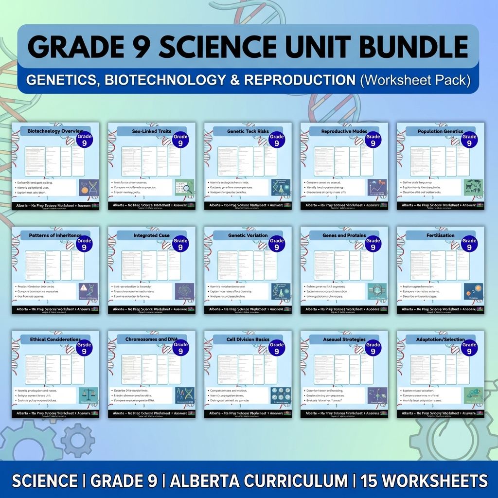 Grade 9 Science Worksheet Bundle | Genetics, Chemistry & Physics Concepts — bundle cover