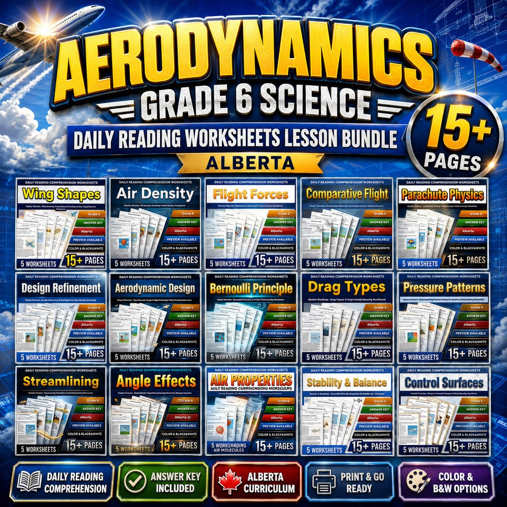Aerodynamics Grade 6 Science Daily Reading Worksheets Lesson Bundle | Alberta — bundle cover