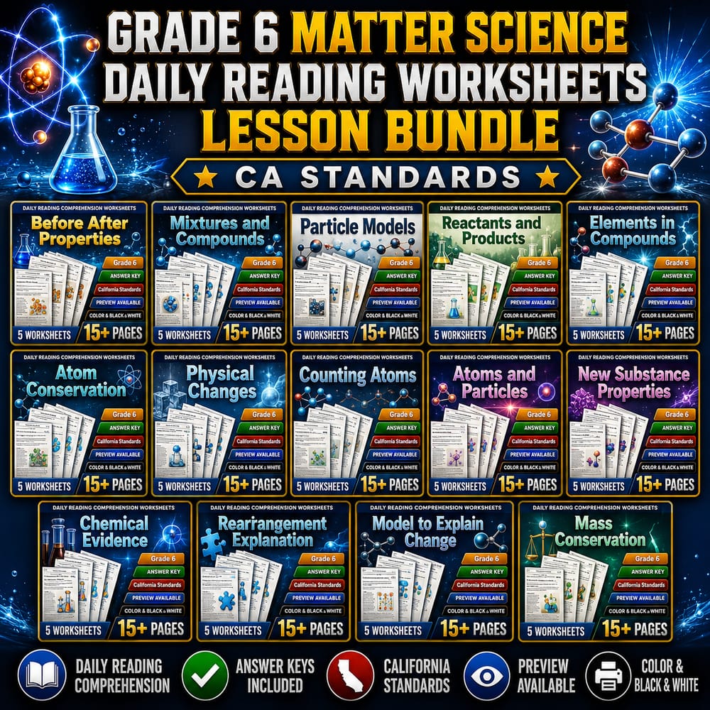 Grade 6 Matter Science Daily Reading Worksheets Lesson Bundle | CA Standards — bundle cover