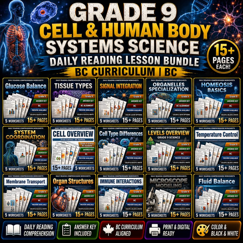Grade 9 Cell and Human Body Systems Science Daily Reading Lesson Bundle | BC — bundle cover