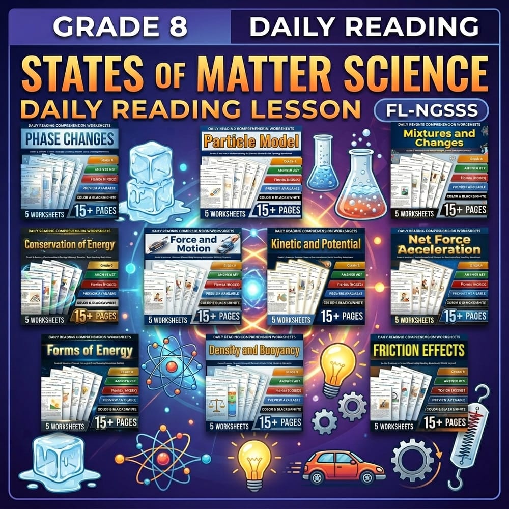 Grade 8 States of Matter Science Daily Reading Lesson Bundle | FL-NGSSS — bundle cover