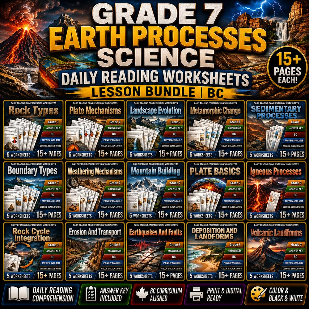 Grade 7 Earth Processes Science Daily Reading Worksheets Lesson Bundle | BC — bundle cover