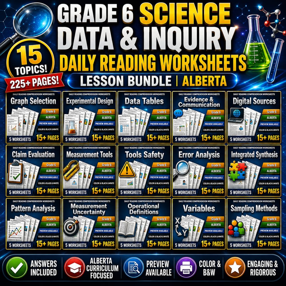 Grade 6 Science Data & Inquiry Daily Reading Worksheets Lesson Bundle | Alberta — bundle cover