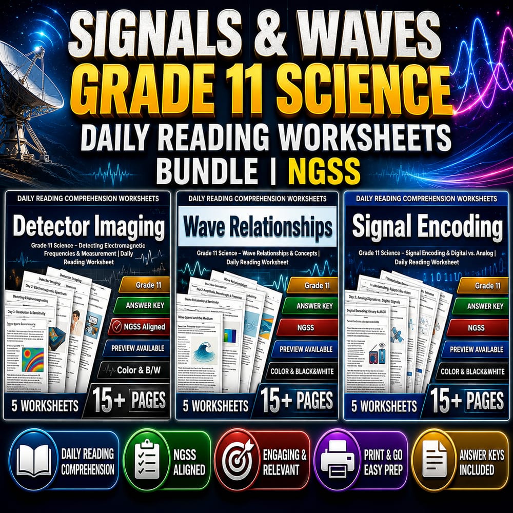 Signals & Waves Grade 11 Science Daily Reading Worksheets Bundle | NGSS — bundle cover
