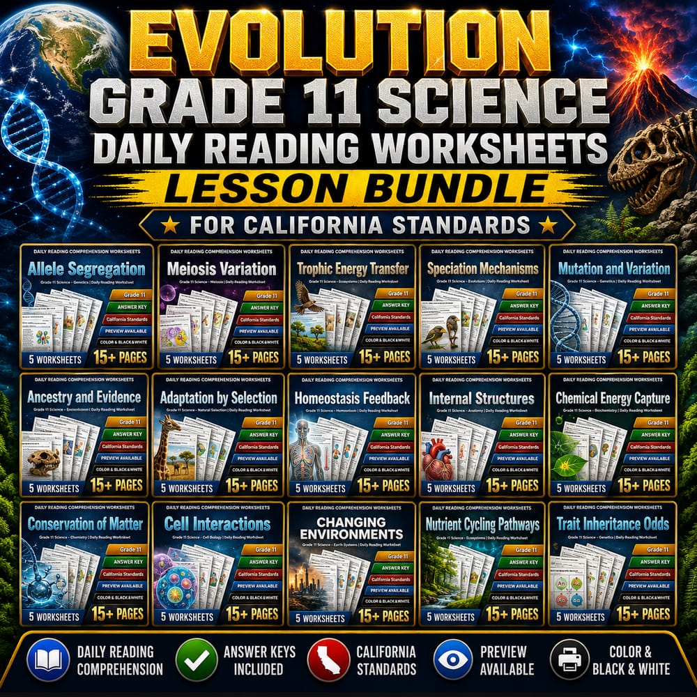 Evolution Grade 11 Science Daily Reading Worksheets Lesson Bundle | CA Standards — bundle cover