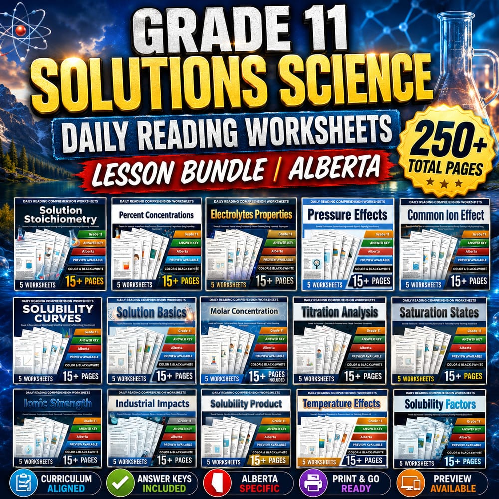 Grade 11 Solutions Science Daily Reading Worksheets lesson bundle | Alberta — bundle cover
