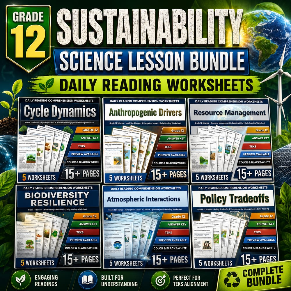 Sustainability Grade 12 Science Daily Reading Worksheets Bundle | TEKS — bundle cover
