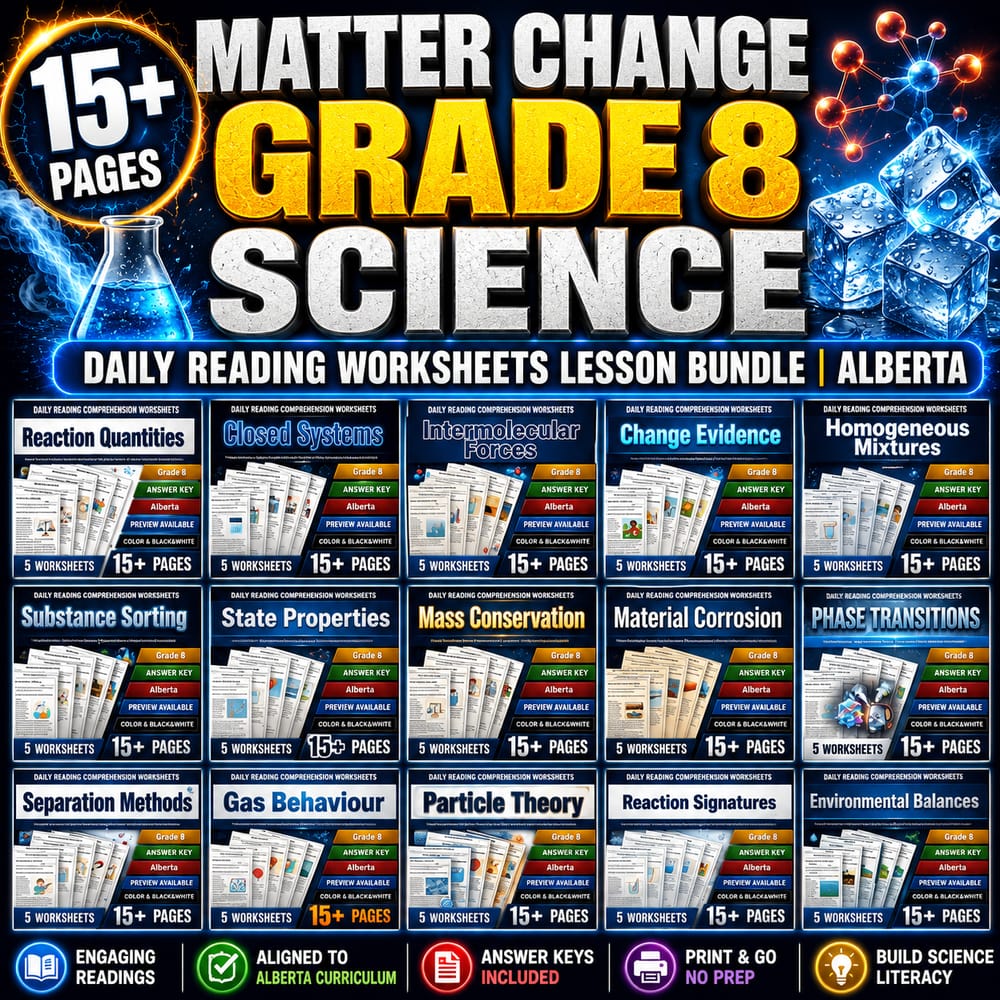 Matter Change Grade 8 Science Daily Reading Worksheets Lesson Bundle | Alberta — bundle cover