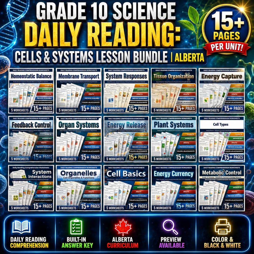 Grade 10 Science Daily Reading: Cells & Systems Lesson Bundle | Alberta — bundle cover
