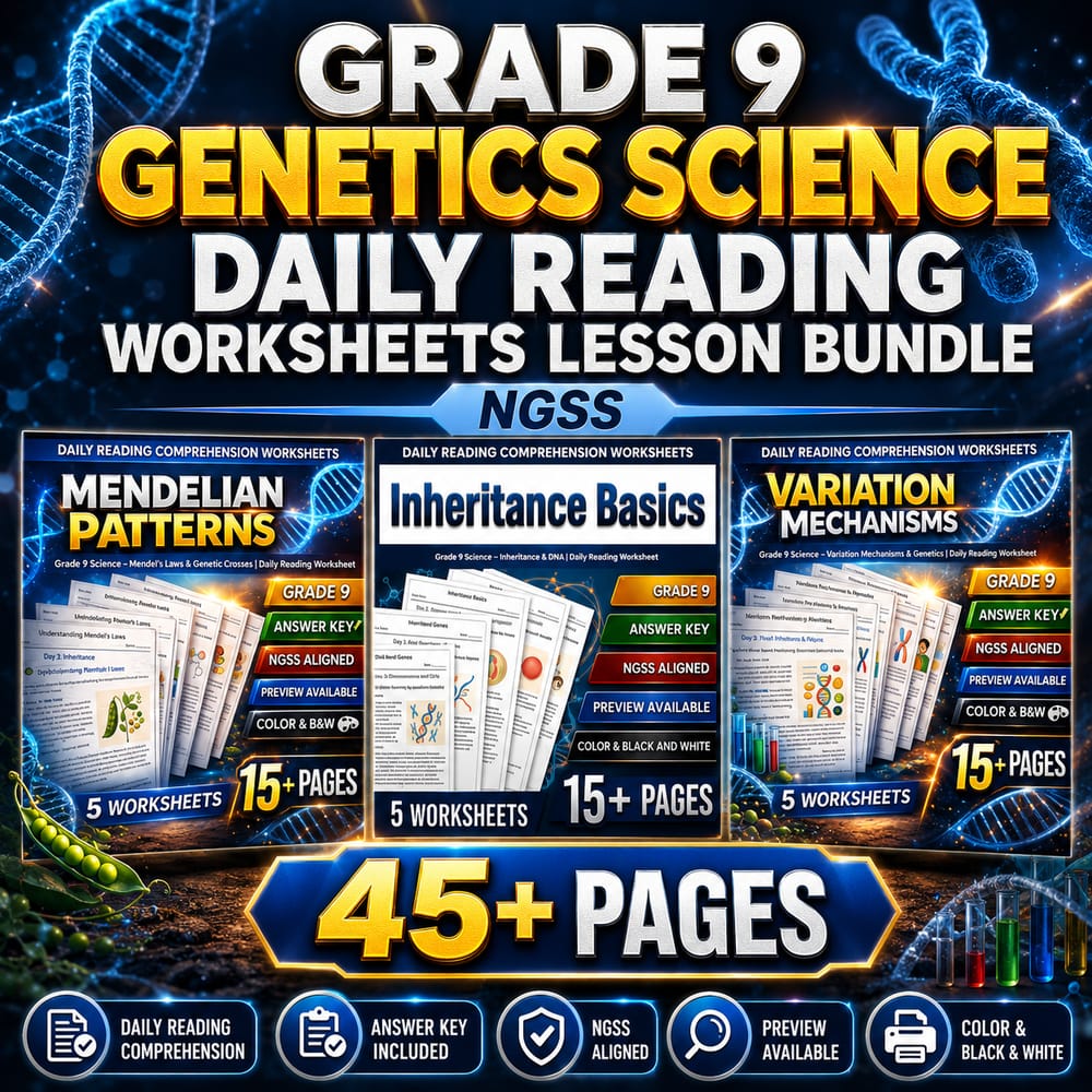 Grade 9 Genetics Science Daily Reading Worksheets Lesson Bundle | NGSS — bundle cover