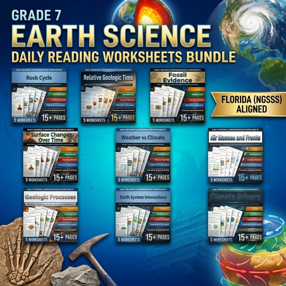 Grade 7 Earth Science Daily Reading Worksheets Lesson Bundle | Florida NGSSS — bundle cover
