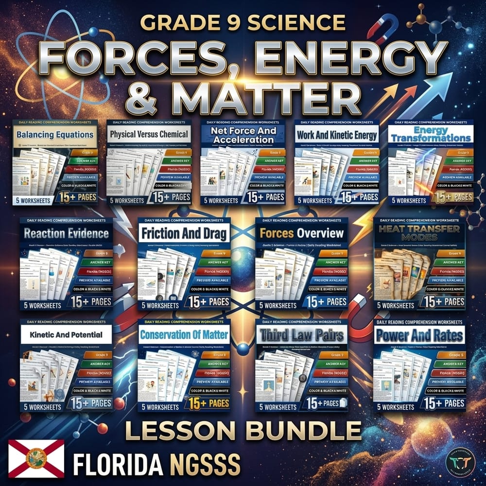 Grade 9 Forces, Energy & Matter Science lesson bundle Florida NGSSS — bundle cover