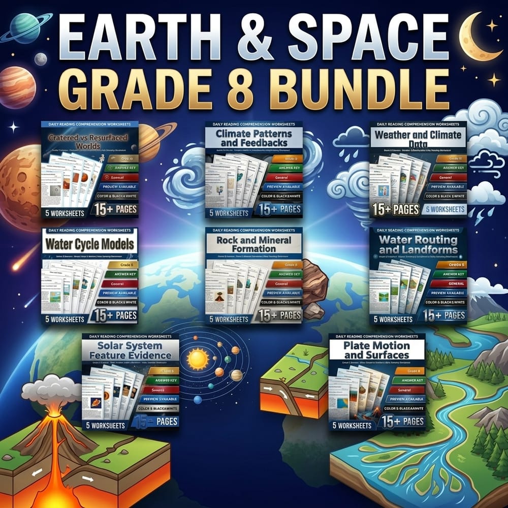 Earth & Space Grade 8 Science Daily Reading Worksheets Lesson Bundle | General — bundle cover