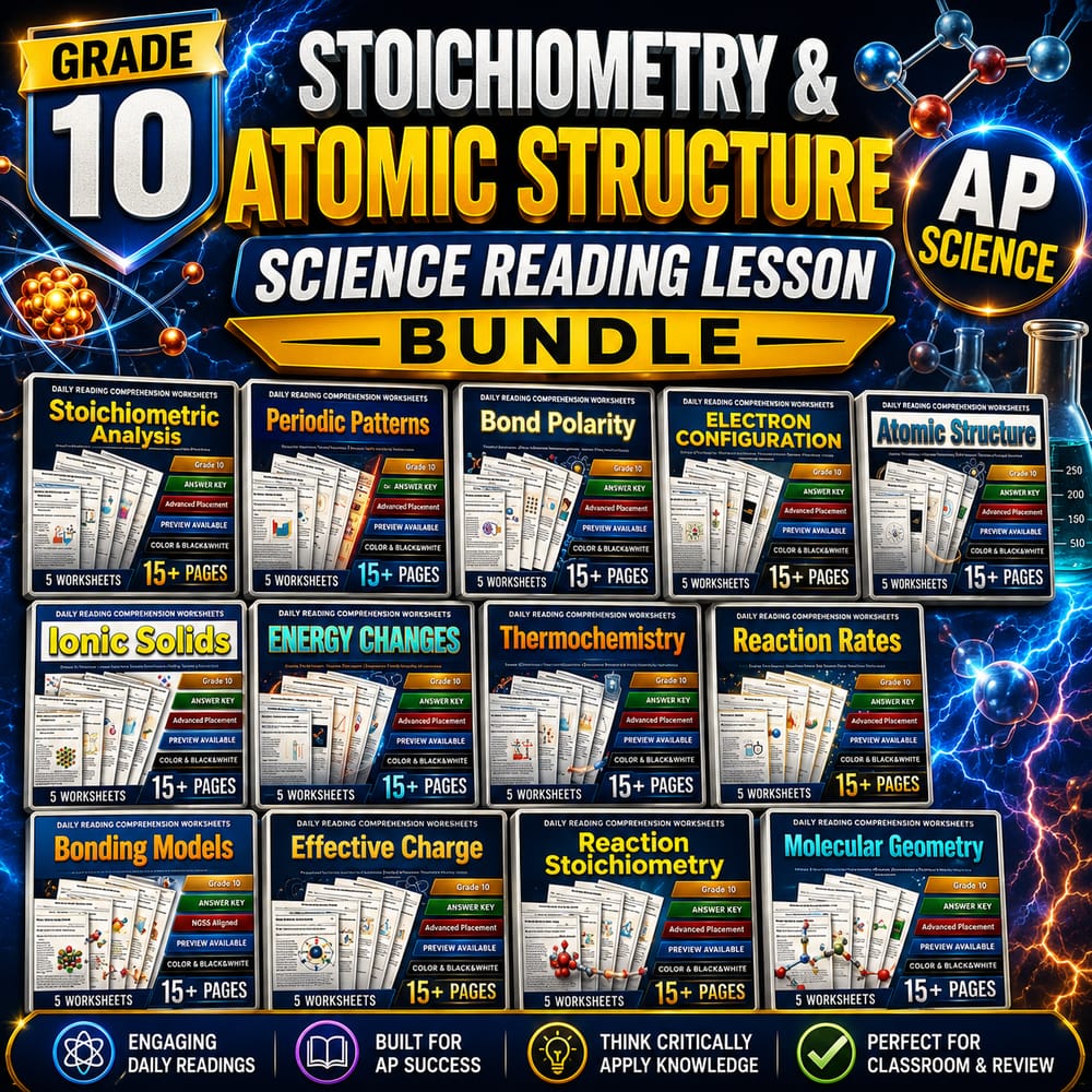 Grade 10 Stoichiometry & Atomic Structure Science Reading Lesson Bundle | AP — bundle cover